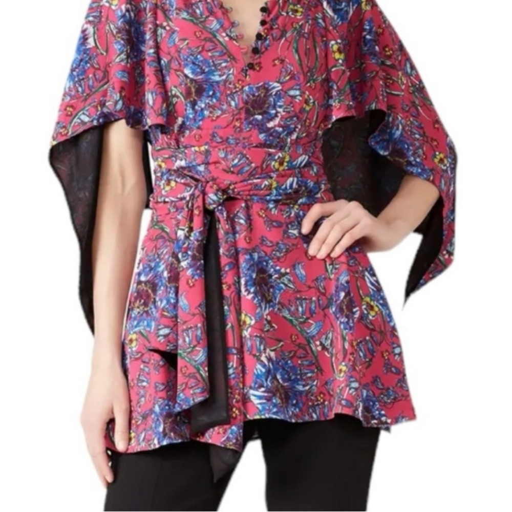 PRABAL GURUNG Collective Pink Floral Cape Waist-Tie Top - Sz 8 Flowy Spring